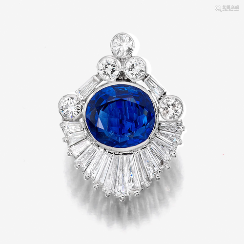 A sapphire, diamond, and eighteen karat white gold