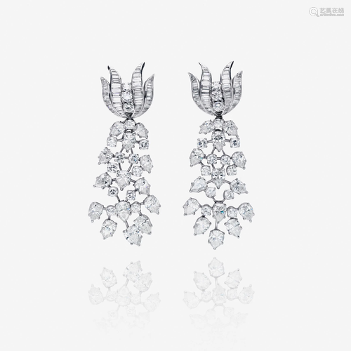 A pair of diamond and platinum pendant earclips, Da…