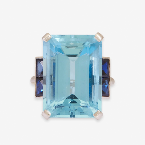 An aquamarine, sapphire, and platinum ring, …