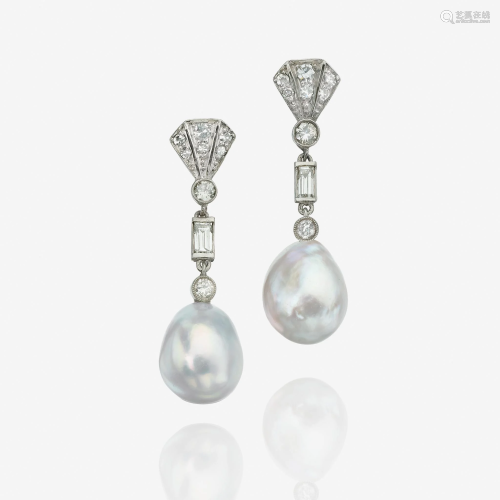 A pair of natural pearl and diamond drop earrings,