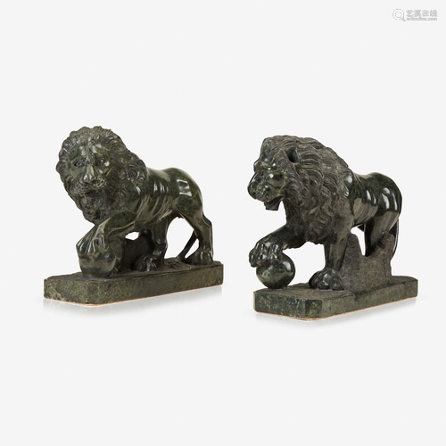 A pair of green serpentine marble Medici lion…