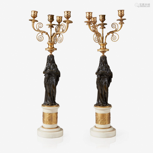 A pair of Empire gilt and patinated bronze and w…