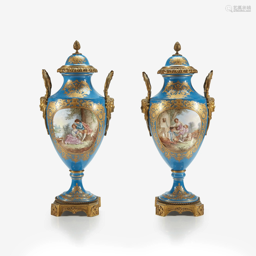 A pair of Sèvres style bleu céleste gilt-metal mounted