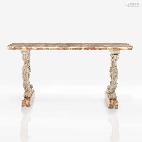 A faux marble and cream-painted console table,