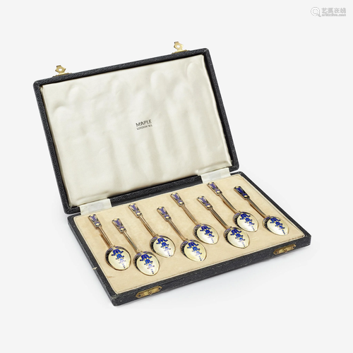 A cased set of English enameled sterling silver