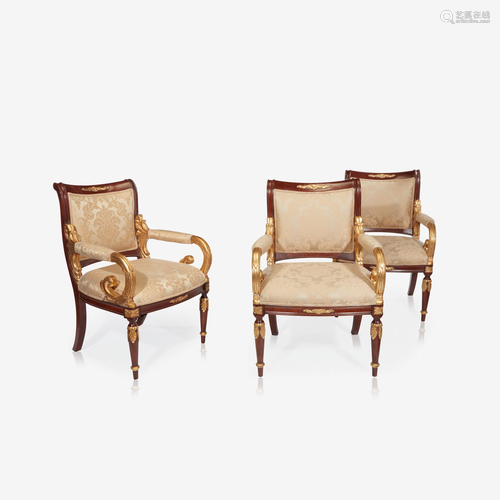 Three Charles X style parcel-gilt mahogany fauteuils,