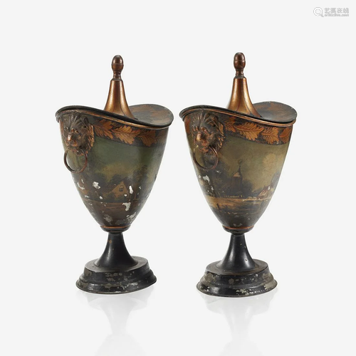 A pair of Regency tôle peinte chestnut urns and cov…