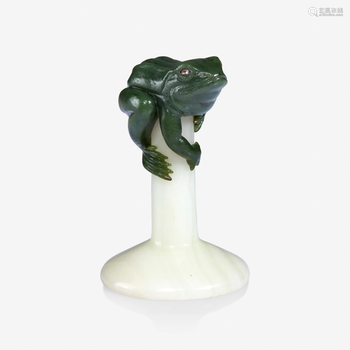 A Fabergé diamond-set carved nephrite frog on onyx