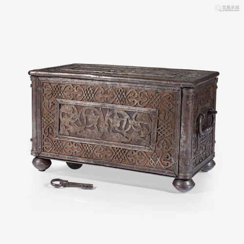 A fine German wrought iron strong box, 16/17th cent…