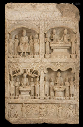 A very large Chinese Tang Dynasty (618-907) carved white marble Buddhist Votive Stele