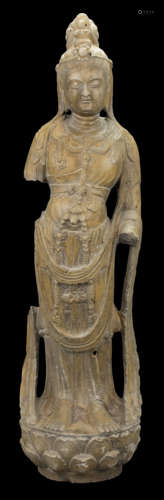 A fine Tang Dynasty (618-907) stone carving of Guanyin on lotus stand