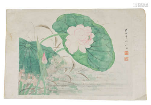 A Chinese watercolour painting on silk mounted on paper of a lotus pond