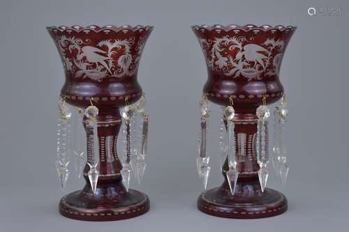 A pair of antique bohemian glass lustre vases