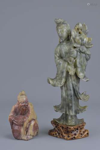 Two Chinese early 20th C. soapstone carvings of Guanyin and Li Bai