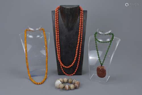 Three coral beaded necklaces