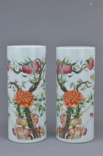 A pair of Chinese late 19th C. Famille rose porcelain hat stands