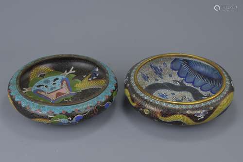 Two Chinese early 20th C. cloisonne enamel dragon bowls