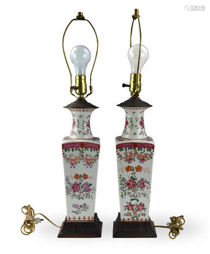 Pair of Chinese Famille Rose Export Vase Lamp