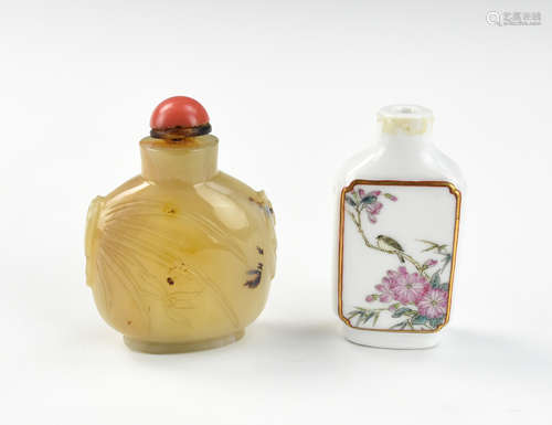 Two Chinese Agate & Porcelain Snuff Bottles