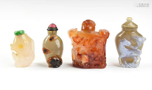 (4) Agate Snuff Bottles of Fish,Crane,Horse,Cat