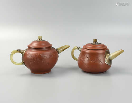 Two Chines Zhisha Teapots w/ Jade Handle & Spout