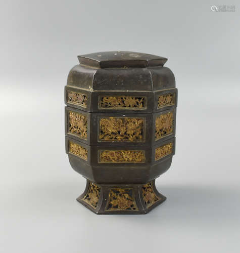 Chinese Pewter Stack Box w/ Periced Decor, 19th C.