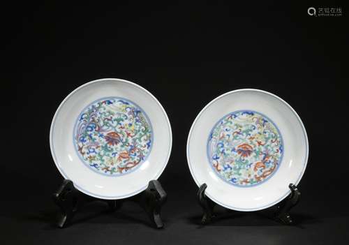 A pair of Wu cai 'floral' plate,Qing dynasty