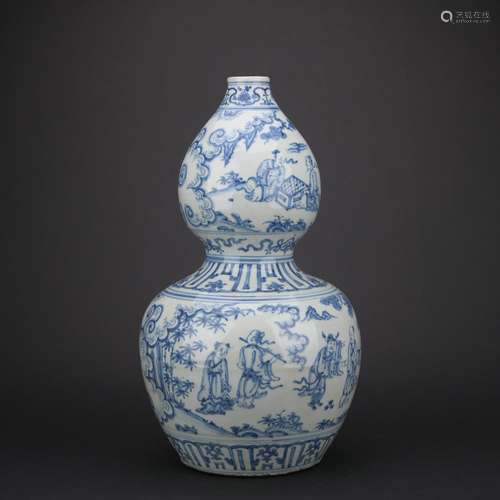 A blue and white 'figure' gourd-shaped vase,Ming dynasty