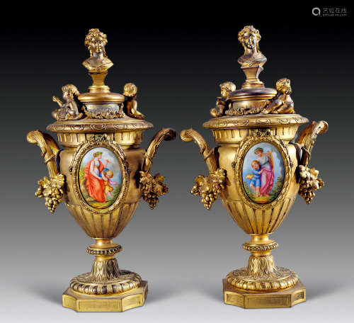 维多利亚时期 铜鎏金嵌画珐琅奖杯 （一对）