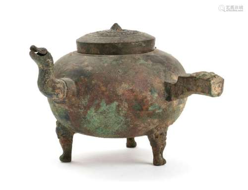 A BRONZE HANDLED AND SPOUTED GLOBULAR EWER, HE Chi…