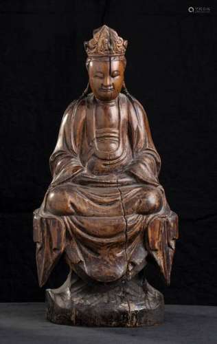 A WOOD SCULPTURE OF GUANYIN China, Qing dynasty Th…