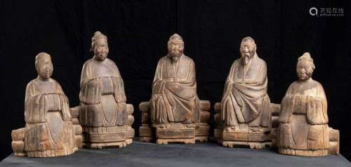 A GROUP OF FIVE WOOD SCULPTURES OF ANCESTORS China…