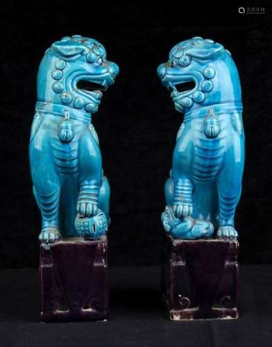 A PAIR OF TURQUOISE AND AUBERGINE GLAZED PORCELAIN…