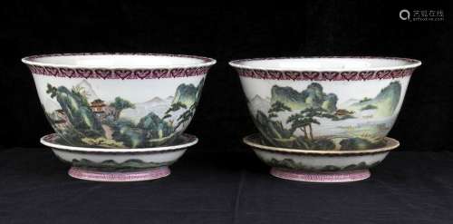 A PAIR OF POLYCHROME PORCELAIN CACHEPOTS AND TRAY …