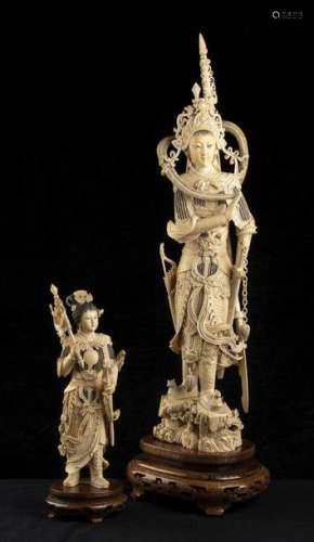 TWO IVORY SCULPTURES OF A FEMALE FIGURES IN ARMOUR…