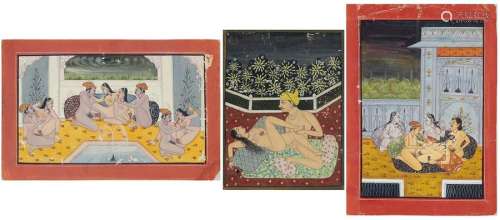 THREE EROTIC MINIATURE PAINTED PAGES India, 19th c…