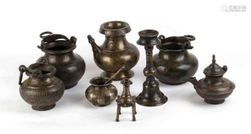 EIGHT COPPER ALLOY CONTAINERS, ONE WITH A SPOON In…