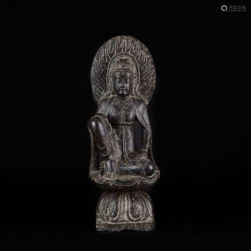 Statuette in grey stone, representing Guanyin sitt…