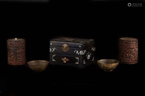 Set of five objects including: two bamboo tobacco …