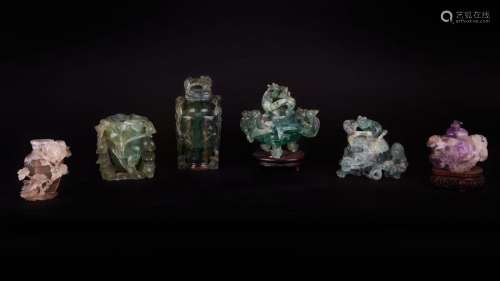Set of six green, smoky and amethyst quartz object…