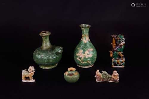 Set including two kendi, pot, vases, brush rests, …