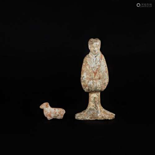 Lot including a Han period court lady, a ram and a…
