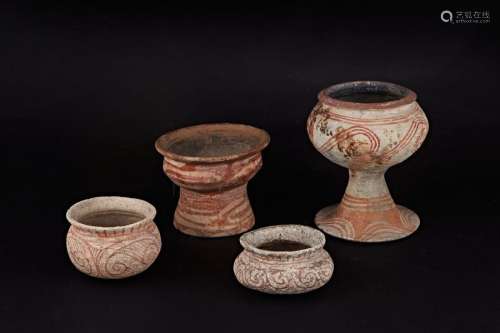 Set of six terracotta bowls and vases, decorated w…