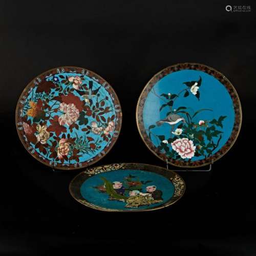 Three dishes in cloisonné enamel on copper, decora…