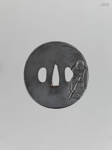 A SILVERED IRON TSUBA OF HOTEI