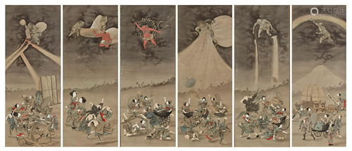 SIX SCROLL PAINTINGS OF WEATHER DEITIES AND ONI