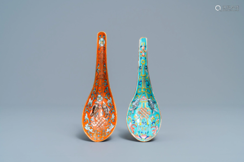 Two Chinese famille rose relief-moulded spoons, Tongzhi