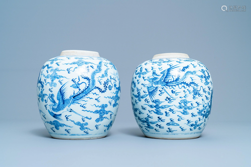 A pair of Chinese blue and white 'dragon and phoe…