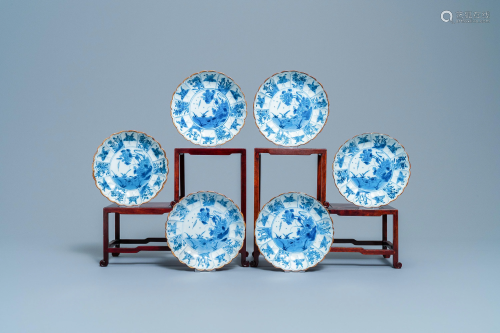 Six Chinese blue and white lobed plates with duck…