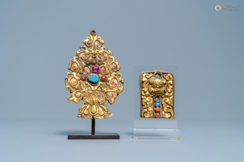 Two Sino-Tibetan inlaid gilt bronze ornaments, 17/18th